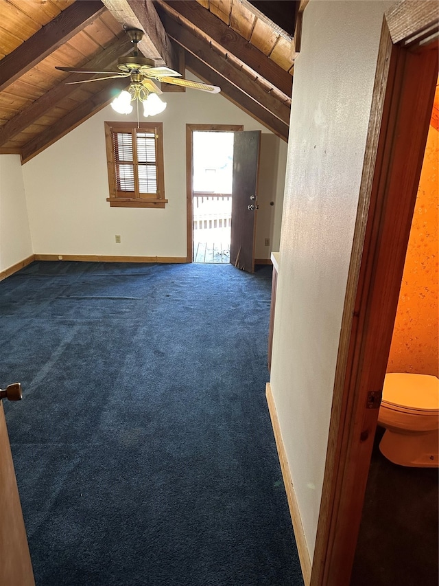 bonus room featuring carpet, ceiling fan, wooden ceiling, and lofted ceiling with beams