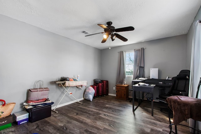 office space with ceiling fan, a textured ceiling, and hardwood / wood-style flooring