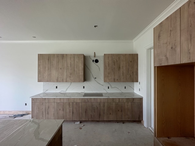 kitchen featuring light colored carpet, light stone countertops, backsplash, and crown molding