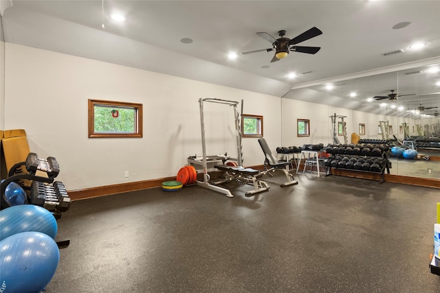 exercise room featuring ceiling fan and lofted ceiling