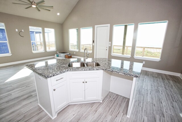 kitchen featuring white cabinets, a wealth of natural light, ceiling fan, and sink