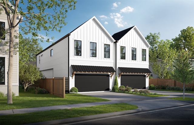 modern farmhouse style home featuring a garage and a front yard