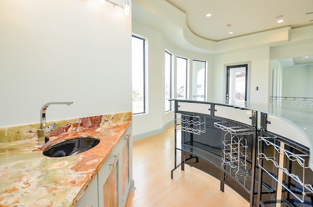 bathroom with a raised ceiling, sink, and hardwood / wood-style flooring