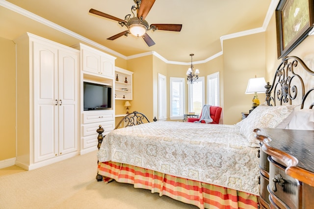 carpeted bedroom with ceiling fan with notable chandelier, a closet, and crown molding