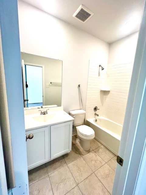 full bathroom with toilet, bathtub / shower combination, visible vents, and vanity