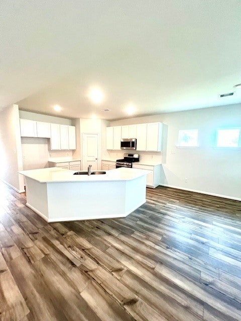 kitchen with white cabinetry, dark hardwood / wood-style floors, and stainless steel appliances