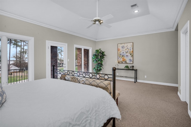 carpeted bedroom featuring ceiling fan, access to exterior, and ornamental molding