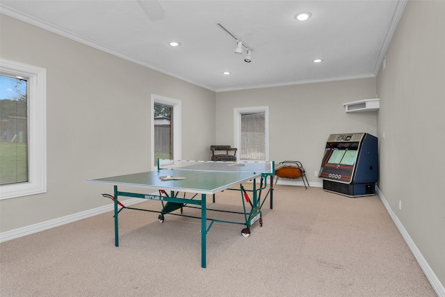 recreation room featuring light colored carpet, rail lighting, and crown molding