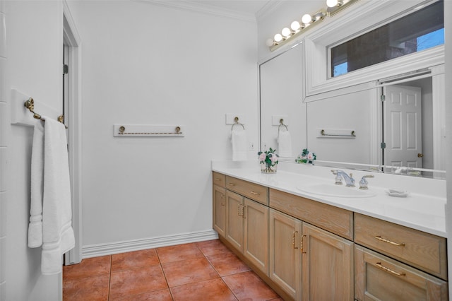 bathroom with vanity, tile patterned flooring, and crown molding