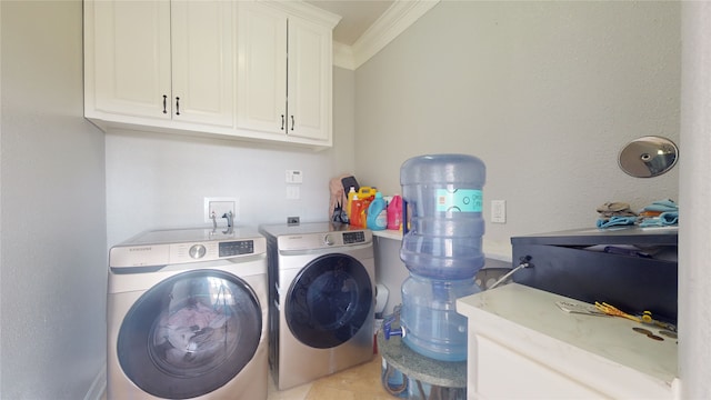 clothes washing area featuring cabinets, washer and dryer, ornamental molding, and hookup for a washing machine