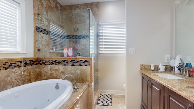 full bathroom featuring toilet, plus walk in shower, tile floors, and vanity