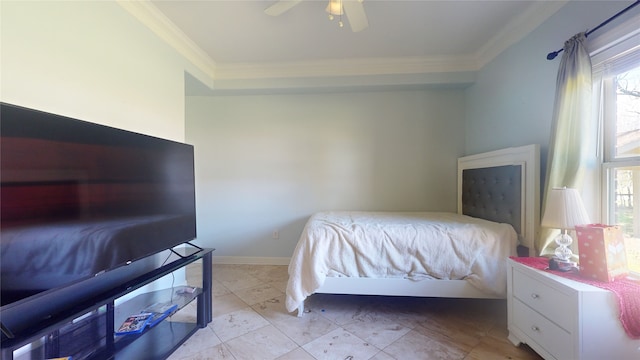 tiled bedroom with multiple windows, ornamental molding, and ceiling fan