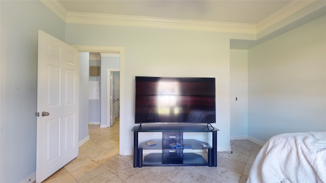 tiled bedroom with crown molding