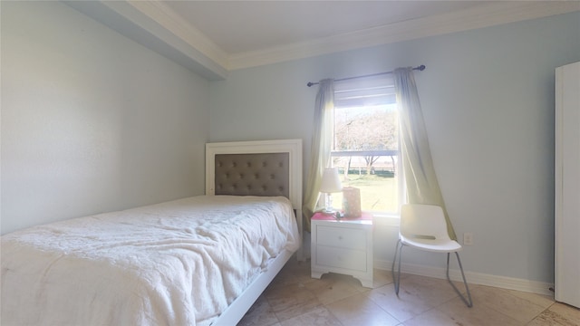 tiled bedroom featuring crown molding