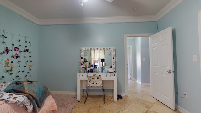 bedroom with crown molding and light tile flooring