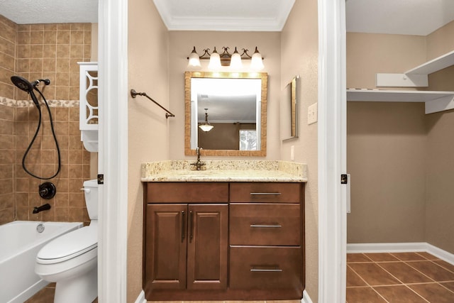 full bathroom featuring tile patterned flooring, ornamental molding, toilet, vanity, and tiled shower / bath