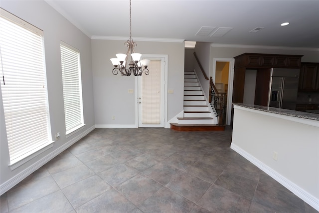 unfurnished dining area with a notable chandelier, ornamental molding, and tile patterned floors