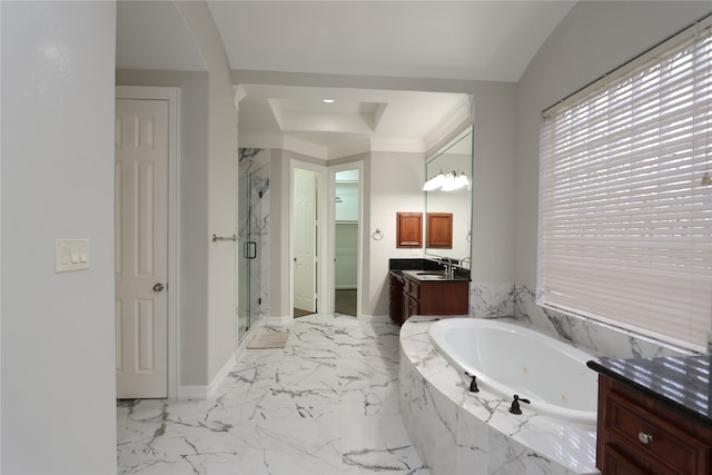 bathroom featuring vanity, independent shower and bath, and tile patterned floors