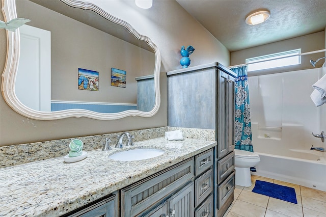 full bathroom with shower / bath combo with shower curtain, toilet, tile floors, and vanity