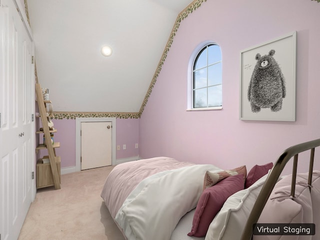 bedroom featuring light carpet and vaulted ceiling