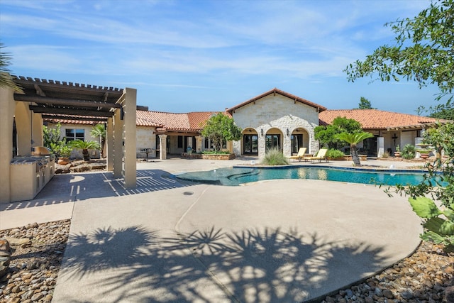 view of pool featuring area for grilling, a pergola, and a patio