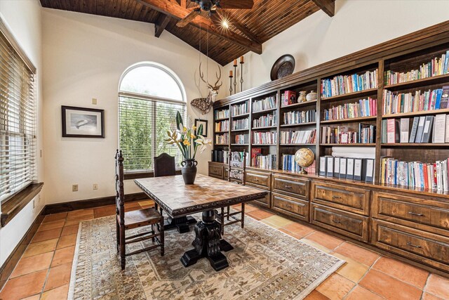 tiled office space featuring ceiling fan, beam ceiling, a wealth of natural light, and wood ceiling