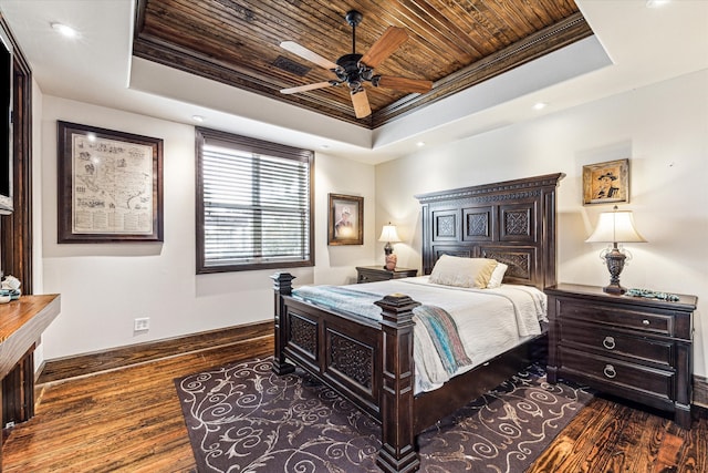 bedroom featuring dark hardwood / wood-style flooring, a raised ceiling, ceiling fan, and wooden ceiling