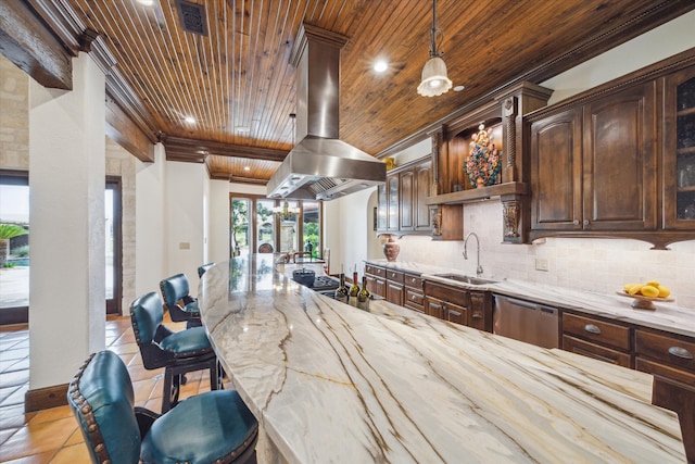 kitchen featuring tasteful backsplash, stainless steel dishwasher, wood ceiling, island range hood, and sink