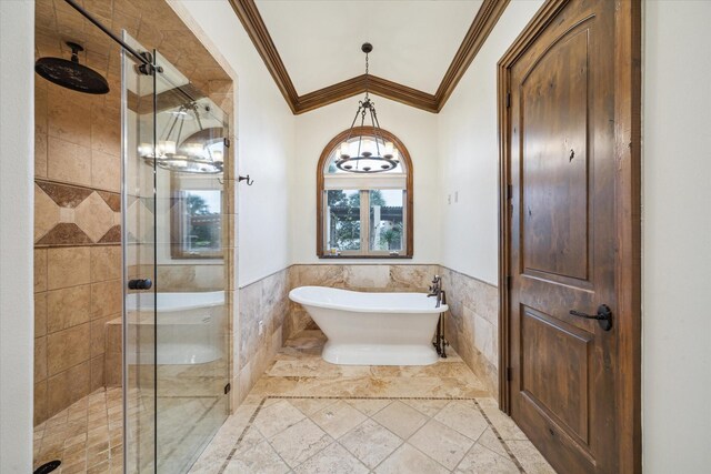 bathroom with separate shower and tub, tile walls, and ornamental molding