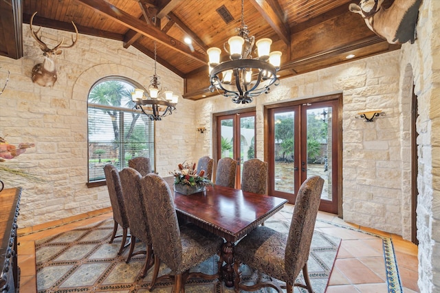 dining room with french doors, wooden ceiling, beamed ceiling, high vaulted ceiling, and a chandelier