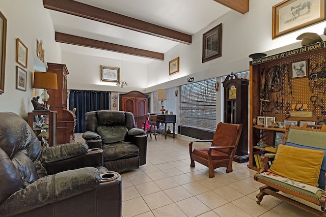 living room with light tile flooring and lofted ceiling with beams