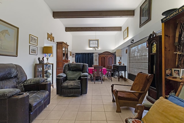 tiled living room featuring beam ceiling