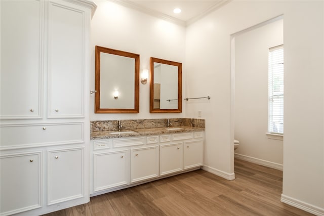 bathroom with vanity, toilet, wood-type flooring, and ornamental molding