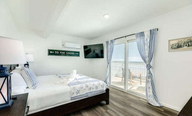 bedroom featuring beamed ceiling, a wall mounted AC, hardwood / wood-style flooring, and access to outside