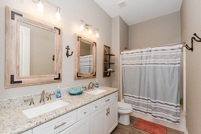 bathroom featuring wood-type flooring, vanity, toilet, and curtained shower