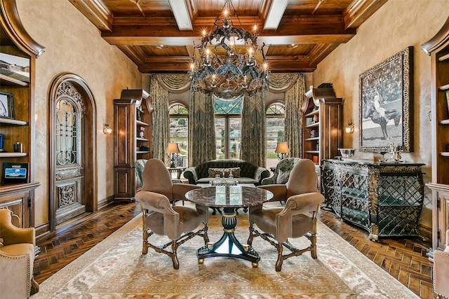 dining space featuring wooden ceiling, dark parquet floors, a notable chandelier, and coffered ceiling