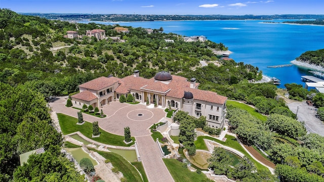 drone / aerial view featuring a water view