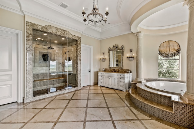 bathroom with tile floors, separate shower and tub, vanity, and ornate columns