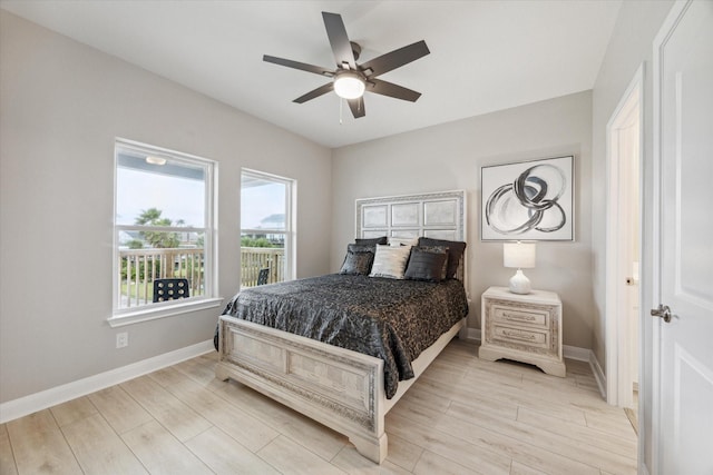 bedroom featuring light wood-type flooring and ceiling fan