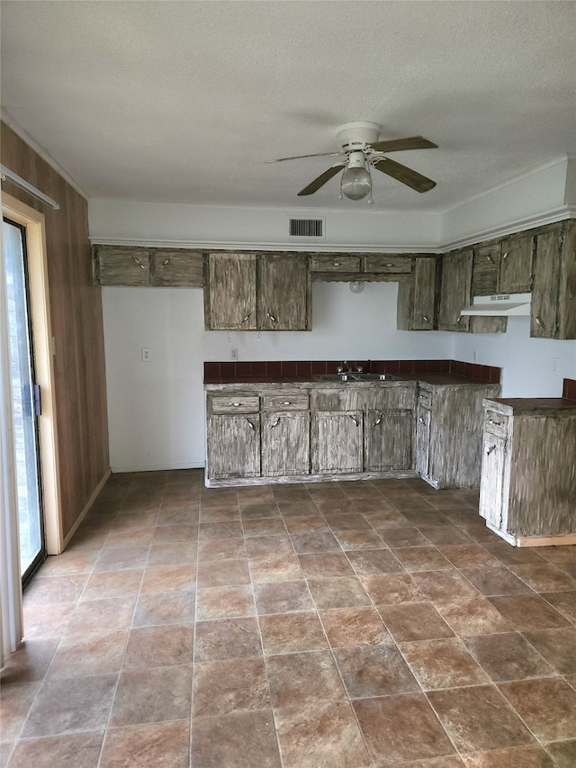 kitchen with ceiling fan and dark tile flooring