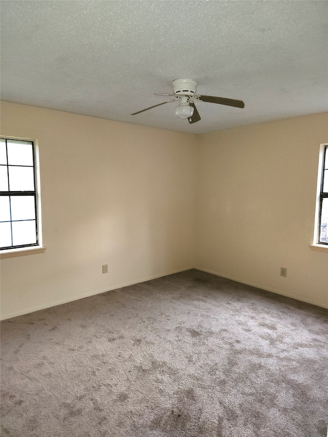 carpeted empty room with a textured ceiling, ceiling fan, and a wealth of natural light