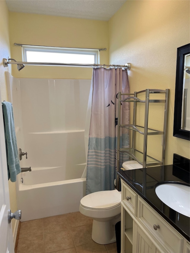 full bathroom with shower / bath combination with curtain, vanity, toilet, and tile patterned flooring