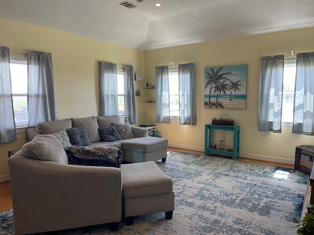 living room with lofted ceiling, hardwood / wood-style floors, and a textured ceiling