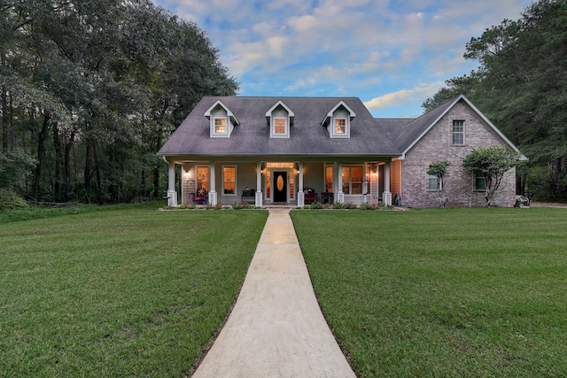 cape cod home with a front yard and a porch