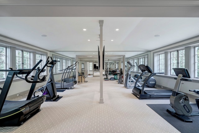 gym with light carpet, plenty of natural light, and vaulted ceiling