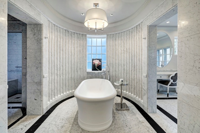 bathroom featuring separate shower and tub and tile floors