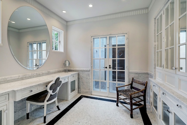 office area featuring light tile floors, french doors, and crown molding