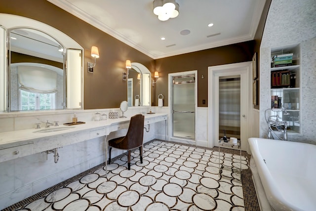 bathroom featuring backsplash, tile flooring, dual vanity, and a washtub