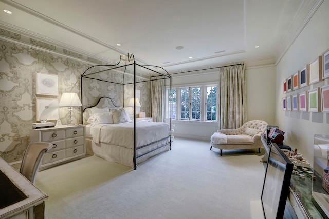 carpeted bedroom featuring crown molding and an inviting chandelier