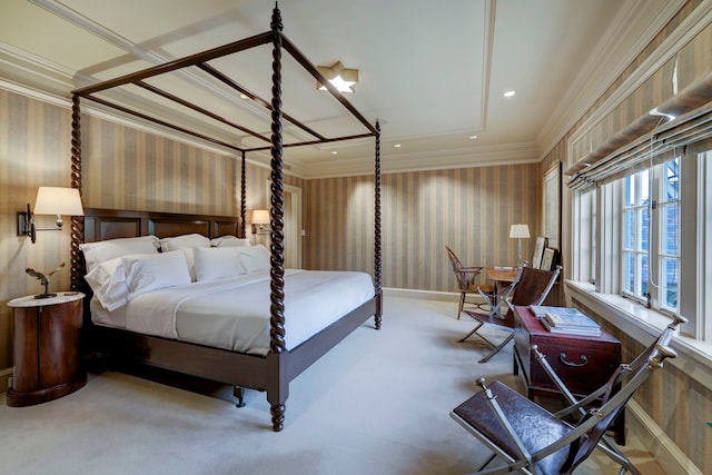 bedroom with crown molding and light colored carpet